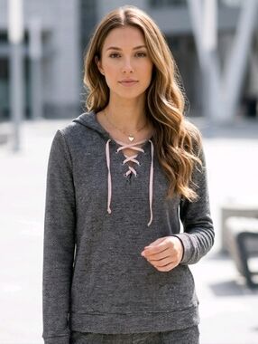 Maurices' Gray Hooded Lace-Up Pullover Top with Pink Ties Size Medium